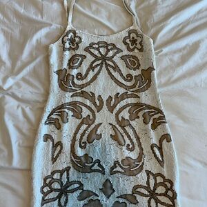 Needle & Thread Cream Dress with White Sequin Trim